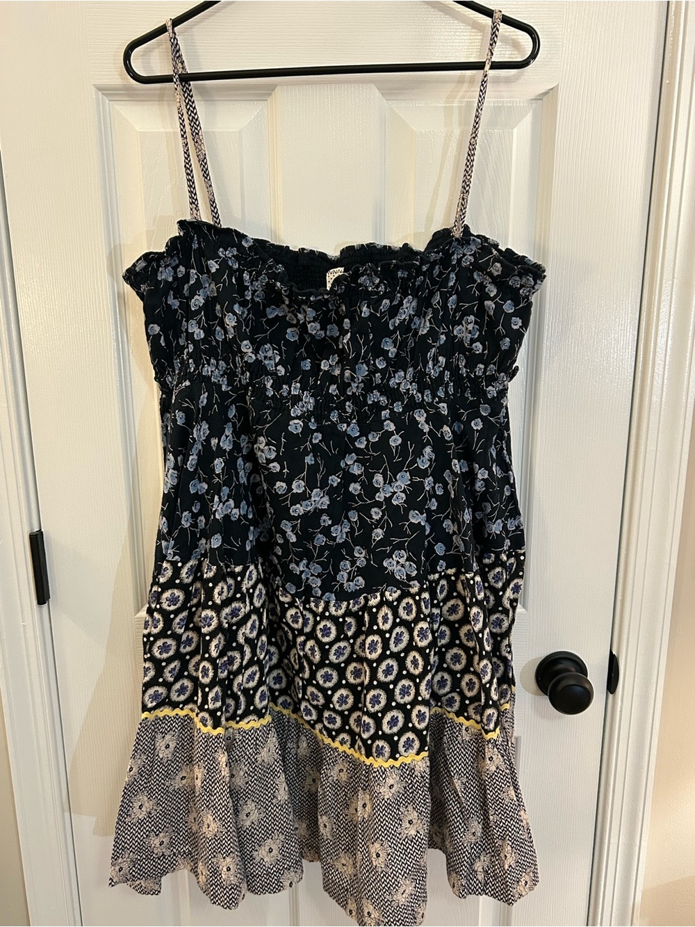 Free People Floral Smocked Mini Dress Blue Black Boho Cotton Size Large